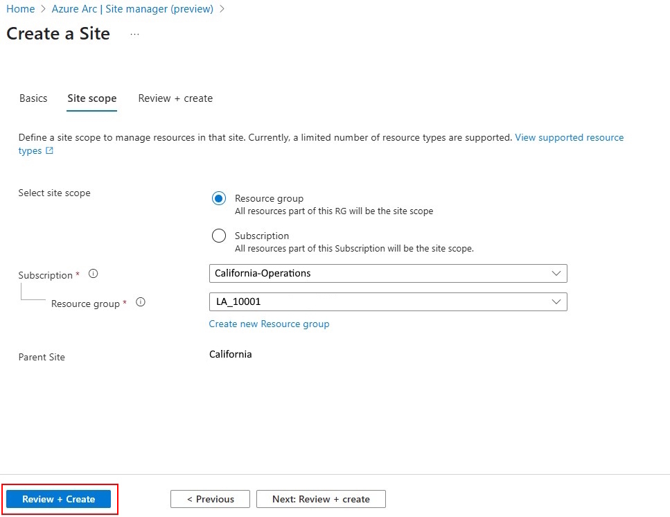 Screenshot of create site scope page.