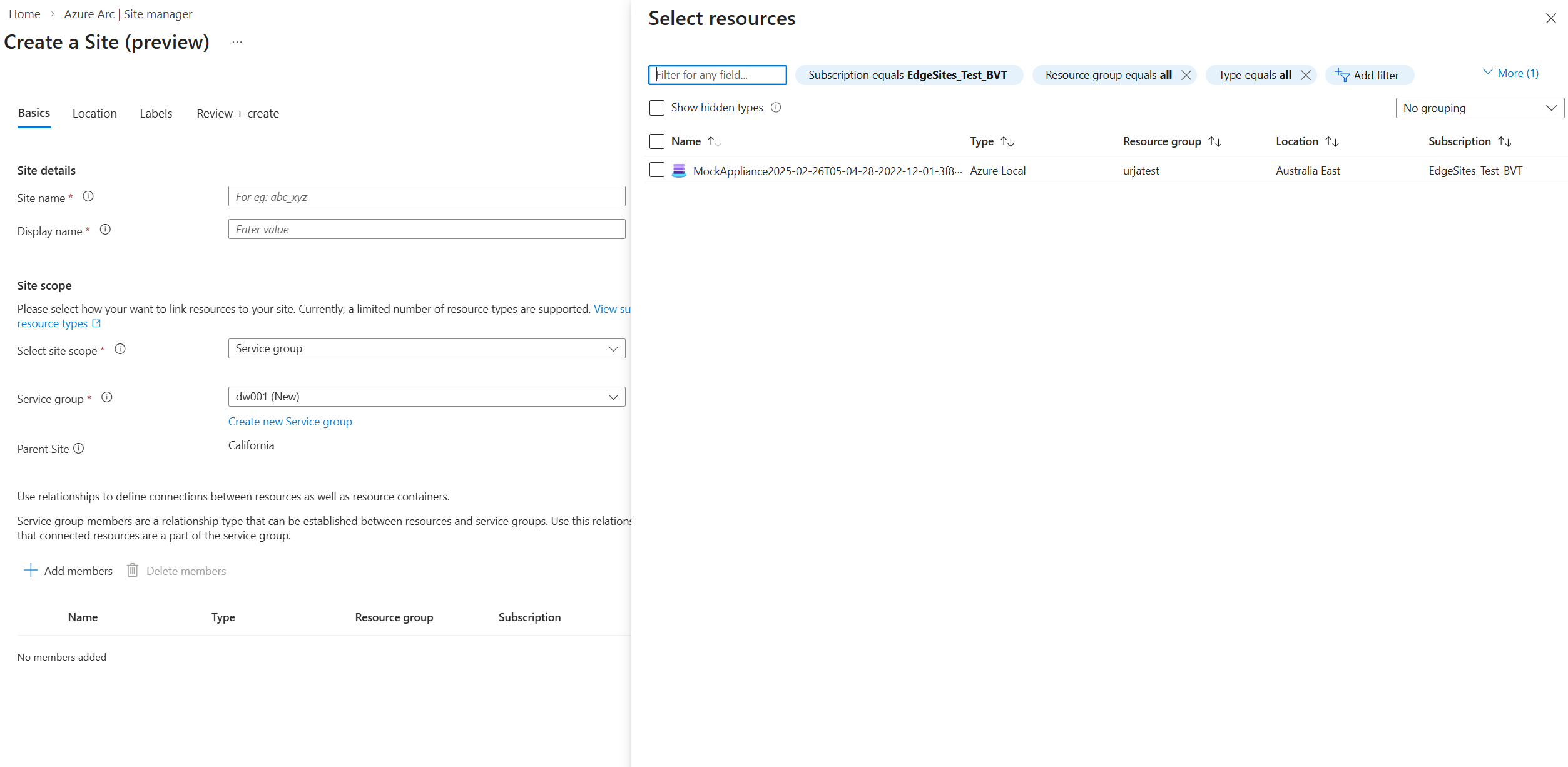 Screenshot that shows how to select site resources.