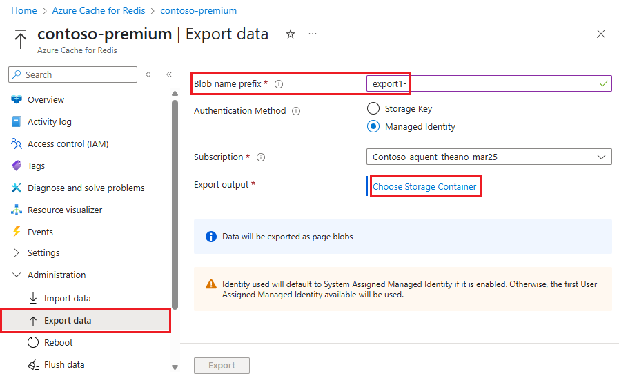Screenshot showing Export data and Choose Storage Container selected.
