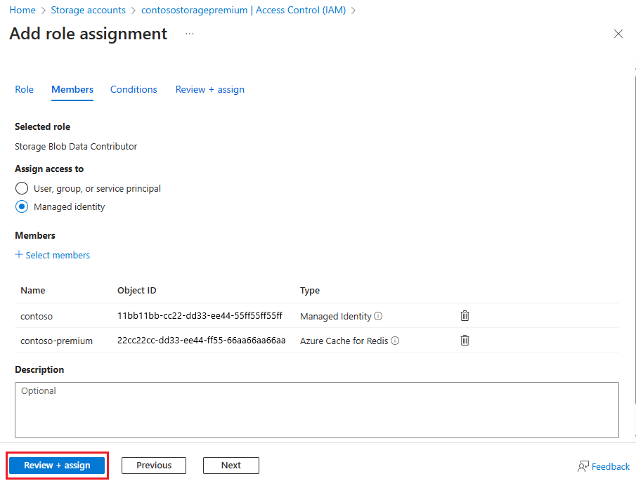 Screenshot showing Managed Identity form with managed identities assigned.