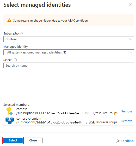 Screenshot showing add Select managed identities pane.