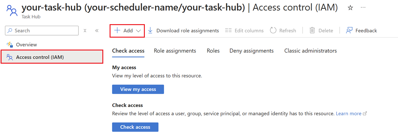 Screenshot of the adding the role assignment on the Access Control pane in the portal.