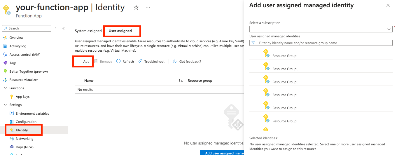 Screenshot of adding the user-assigned managed identity to your function app in the portal.
