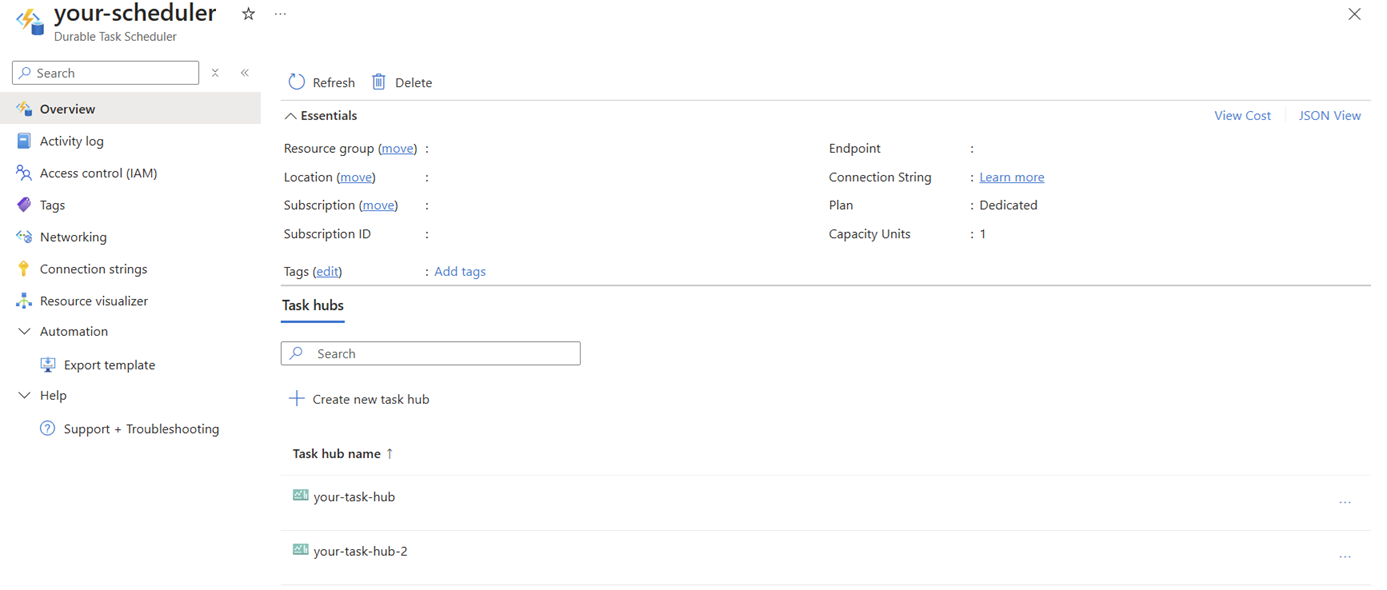 Screenshot of overview tab of Durable Task Scheduler in the portal.