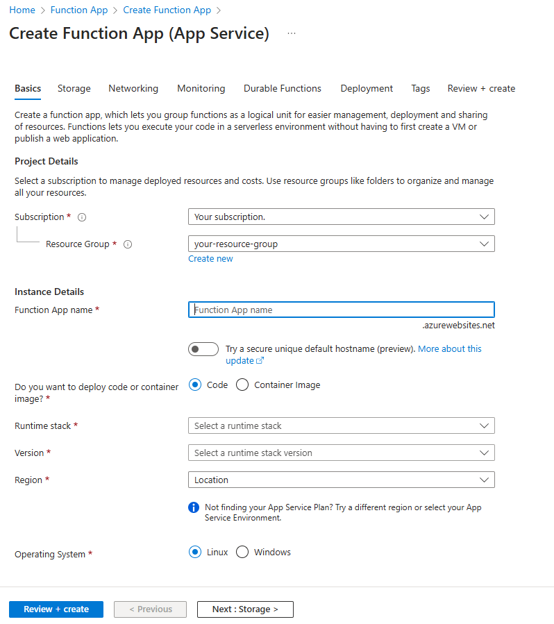 Screenshot of the Basic tab for creating an App Service plan Function app.