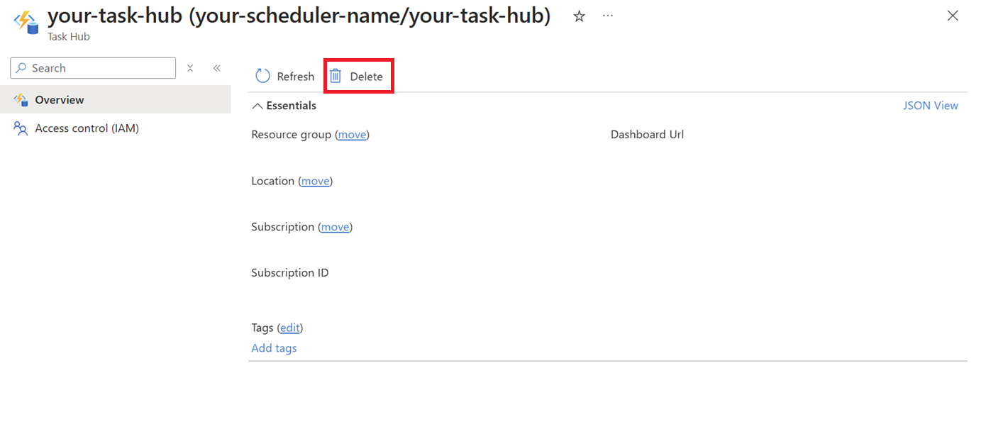 Screenshot of task hub resource in the portal highlighting delete button.