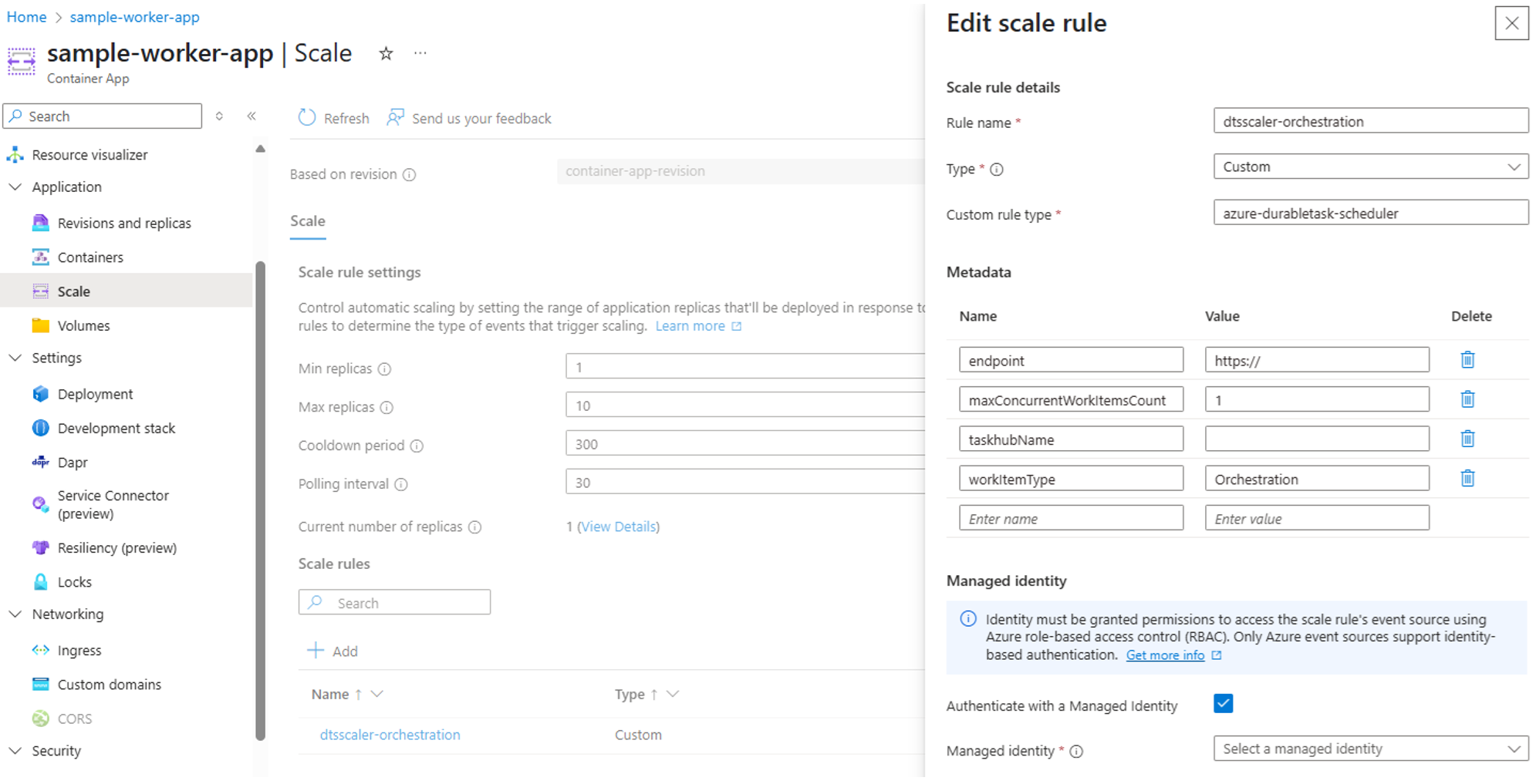 Screenshot of the Durable Task Scheduler-related configuration for the scaler in the Azure portal.