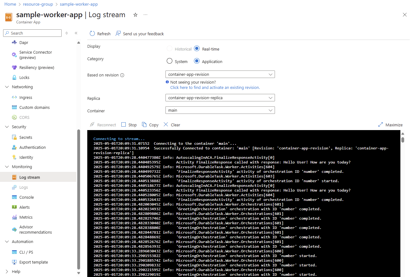 Screenshot of the worker container's log stream in the Azure portal.