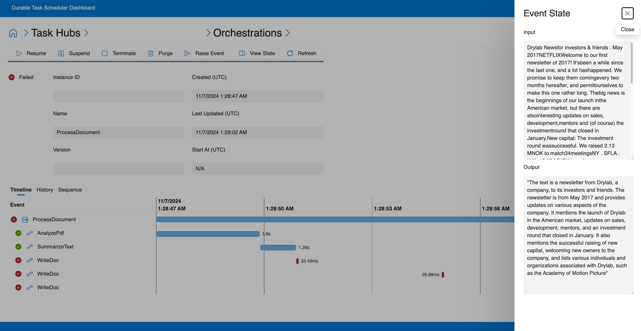 Screenshot of the dashboard showing activity inputs and outputs.