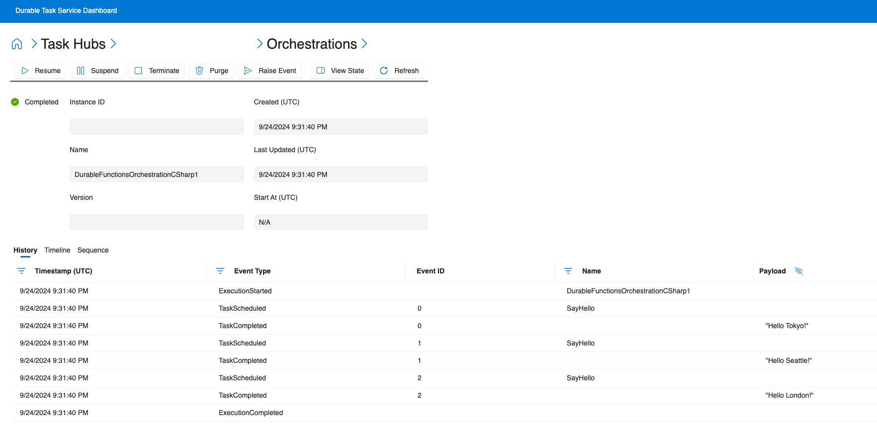 Screenshot of the dashboard showing orchestration instance details.