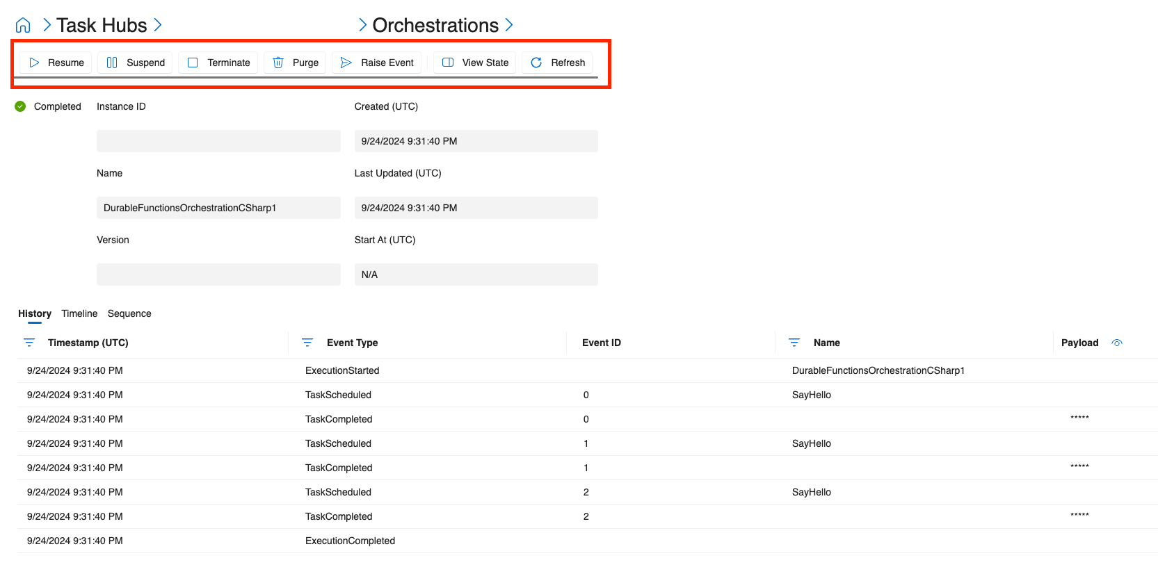 Screenshot of the dashboard showing the buttons you use to manage the orchestration.