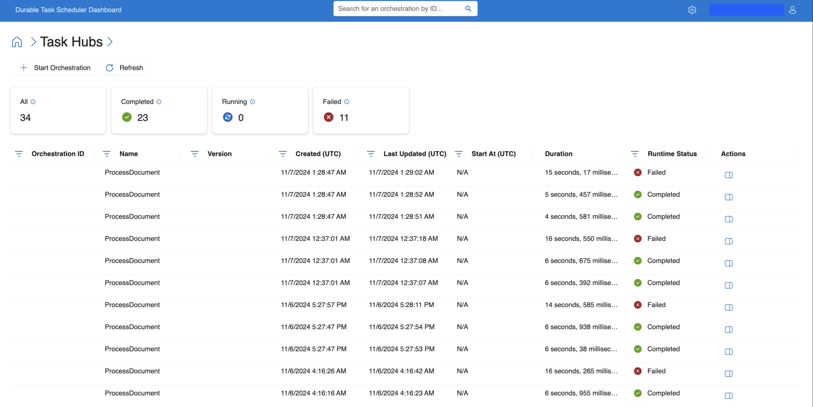 Screenshot of the dashboard listing orchestration history and status.