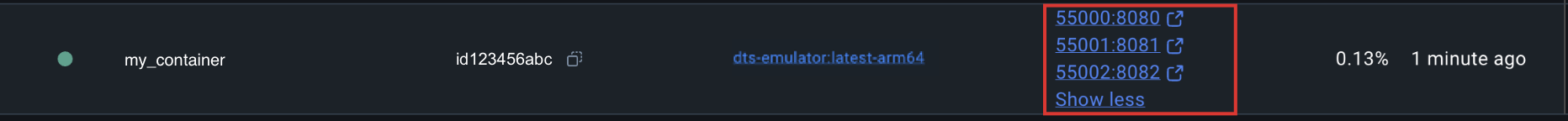 Screenshot of ports on Docker.