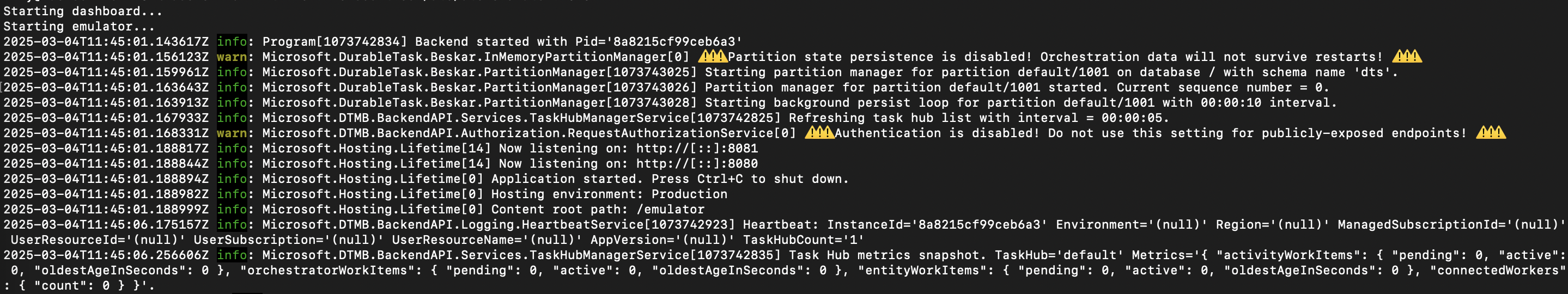 Screenshot showing emulator started successfully on terminal.