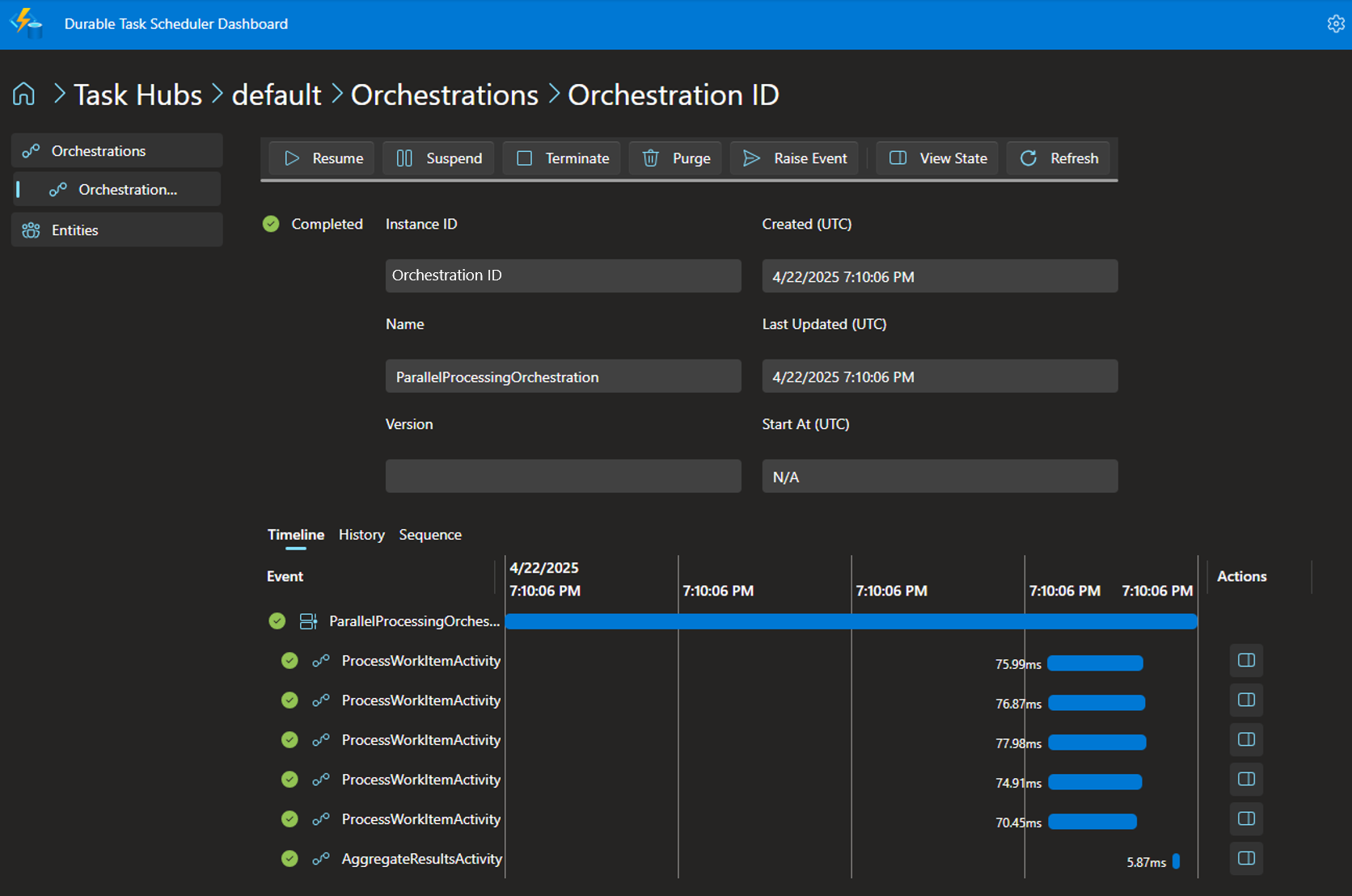 Screenshot showing the orchestration instance's details for the .NET sample.
