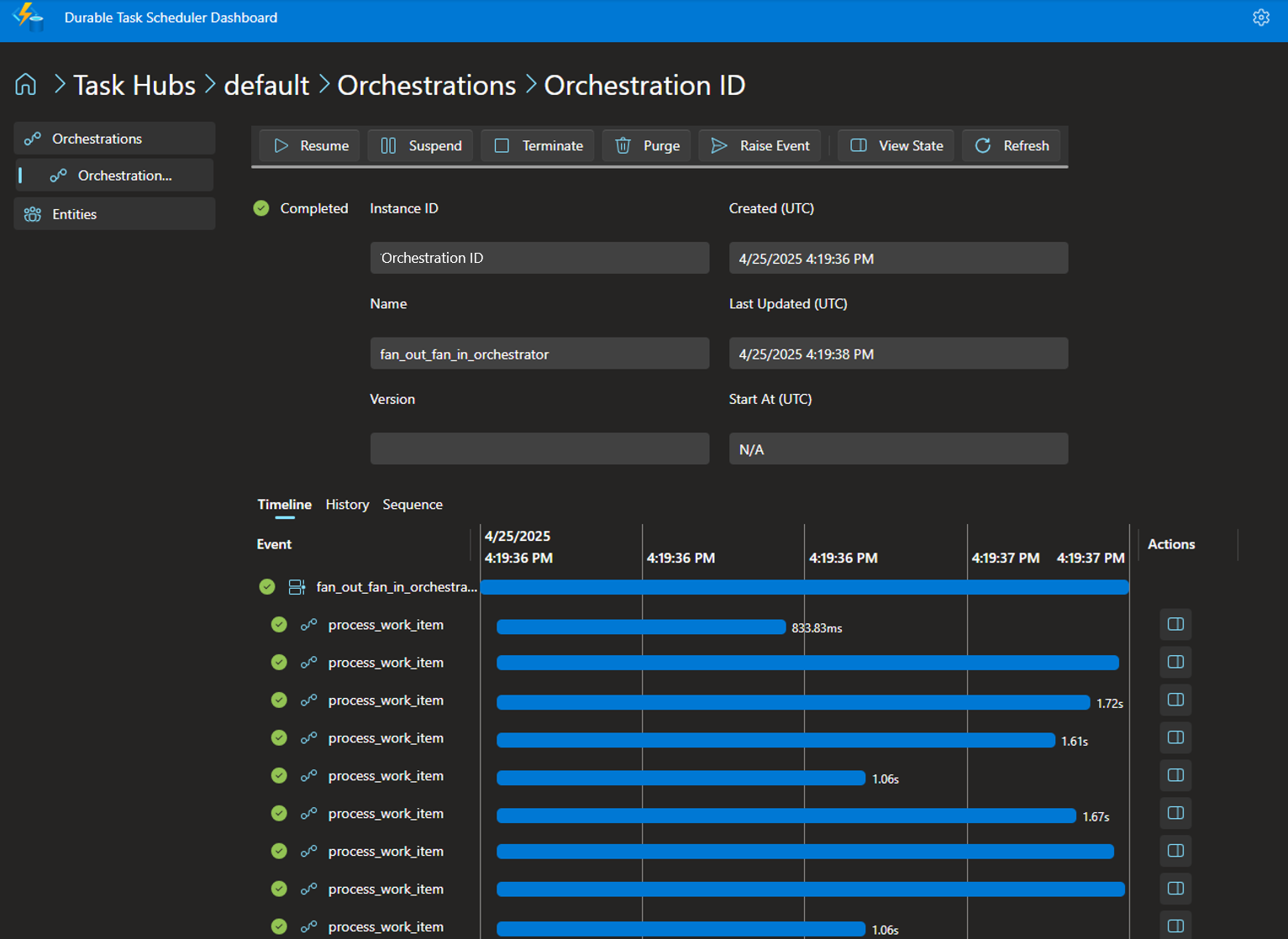 Screenshot showing the orchestration instance's details for the Python sample.