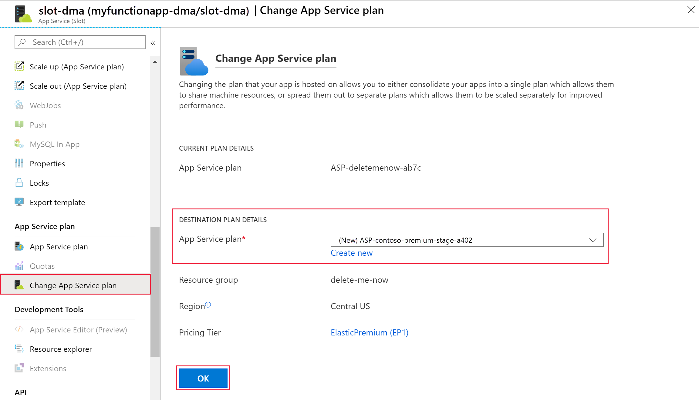 Screenshot shows where to change the App Service plan in the Azure portal.