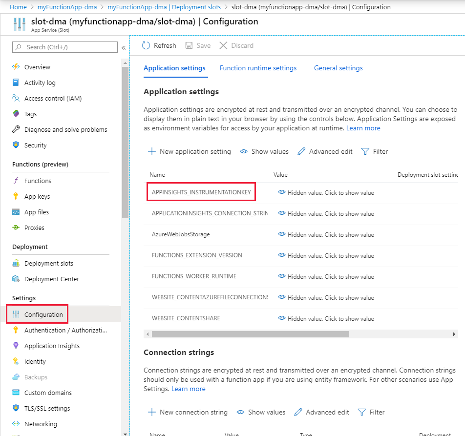 Screenshot shows where to configure the application setting for a slot in the Azure portal.