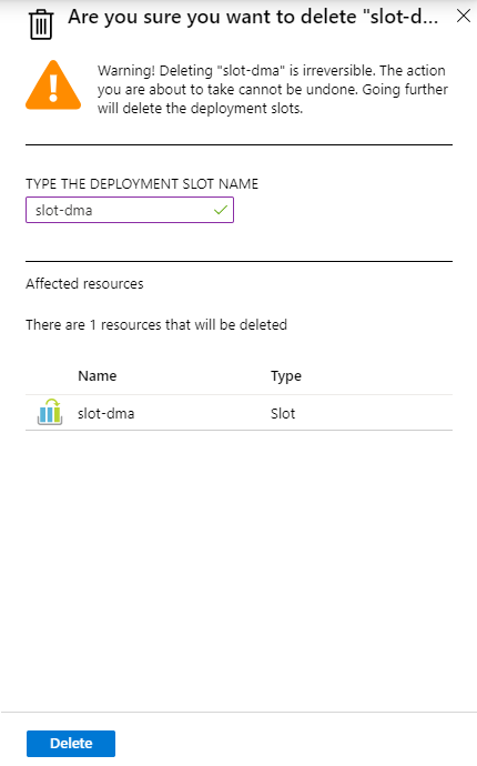 Screenshot shows deleting the deployment slot in the Azure portal.