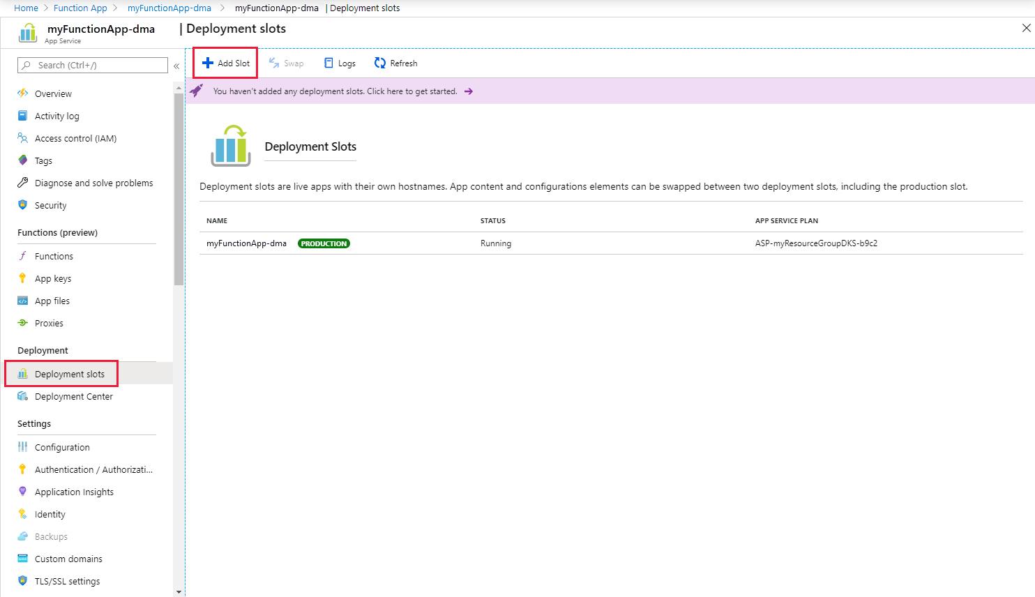 Screenshot shows adding an Azure Functions deployment slot.