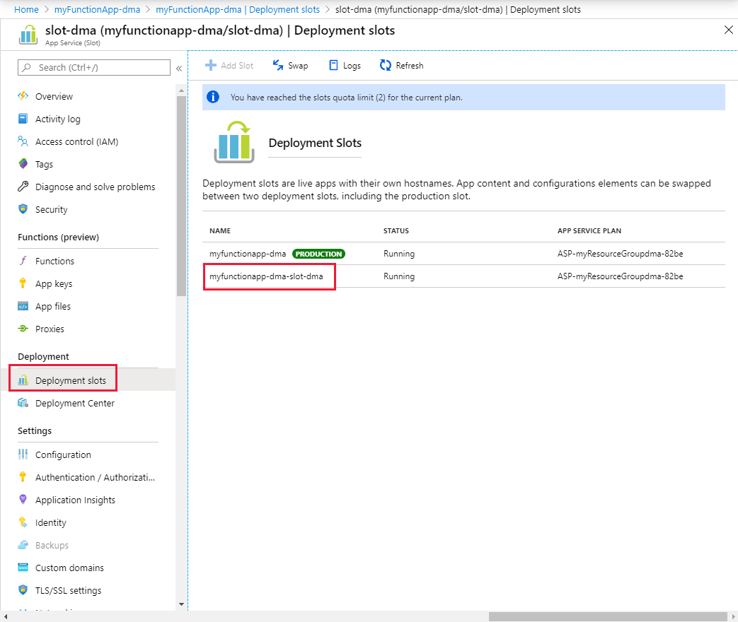Screenshot shows the deployments slots in the Azure portal.