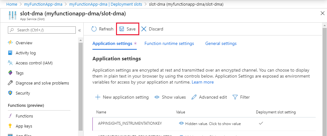 Screenshot shows how to save the deployment slot setting.