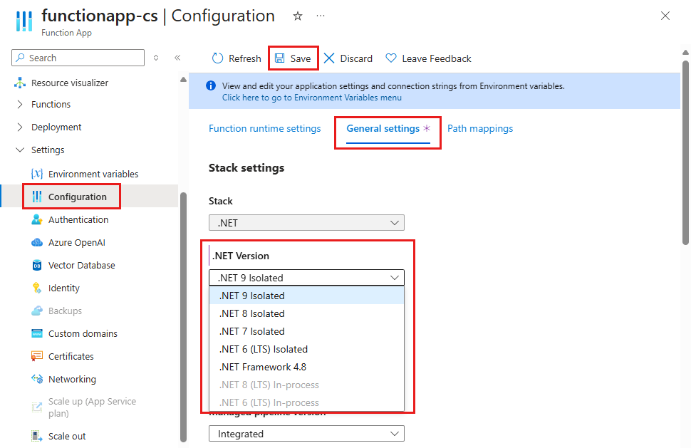 Screenshot of how to set the desired .NET version for a function app in the Azure portal.