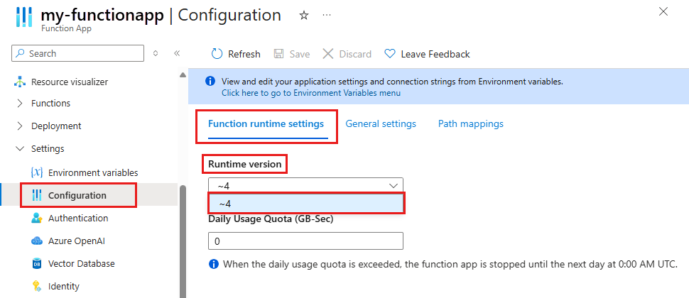Screenshot of how to view the Functions runtime version for your app in the Azure portal.