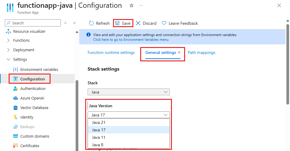 Screenshot of how to set the desired Java version for a function app in the Azure portal.