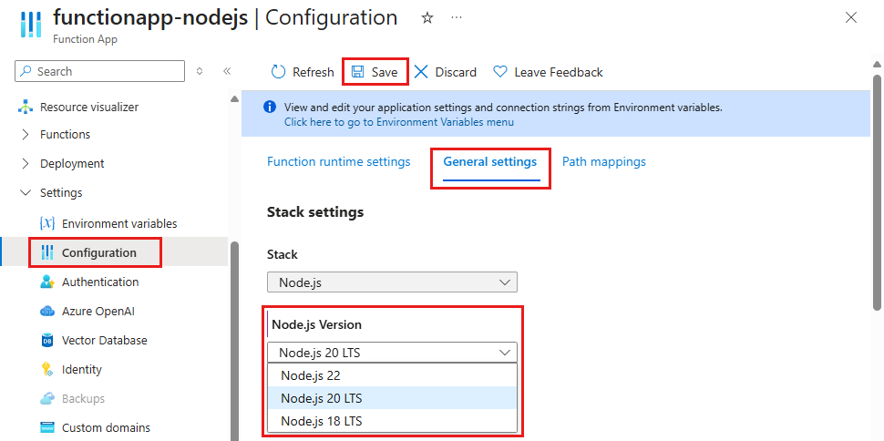 Screenshot of how to set the desired Node.js version for a function app in the Azure portal.