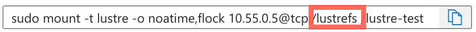 Screenshot of a sample address string on the pane for client connection. The internal name of the Lustre cluster is highlighted.