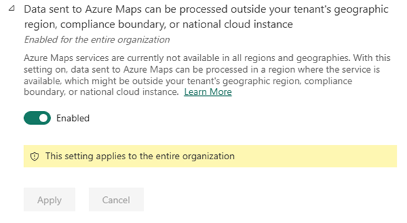 Screenshot showing that data sent to Azure Maps can be processed outside your tenant’s geographic region, compliance boundary, or national cloud instance.