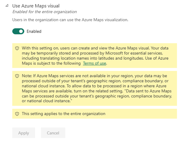 Screenshot of the tenant settings to enable the Azure Maps visual in the Power BI admin portal.
