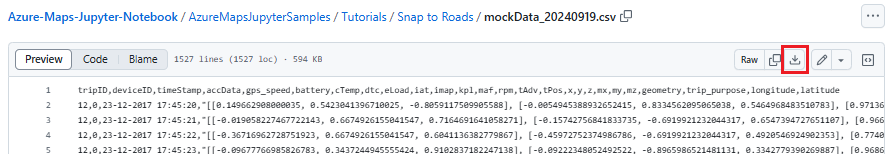 A screenshot showing how to download the data file named mockData_20240919.csv from the GitHub repository.