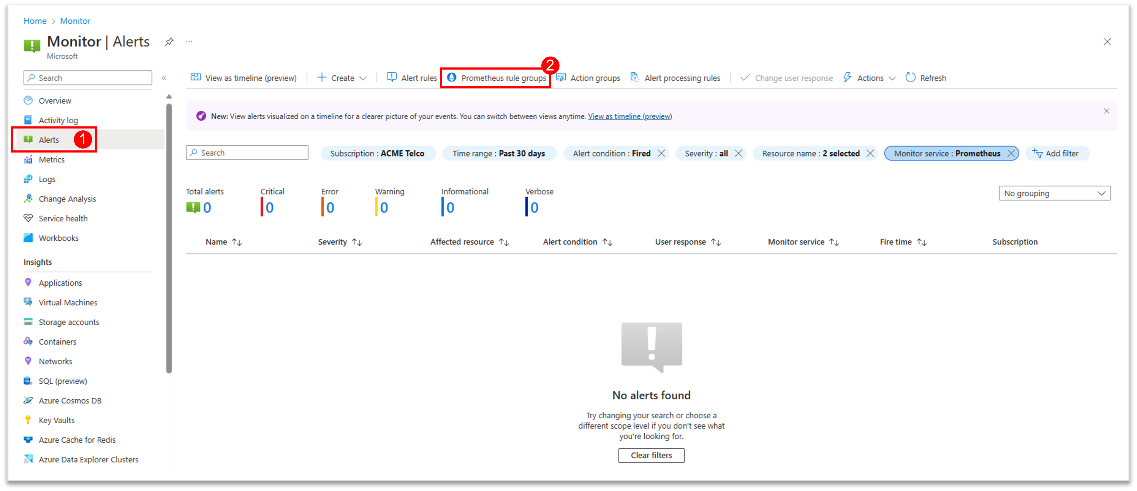 Screenshot that shows how to reach Prometheus rule groups from the Azure Monitor alerts screen.