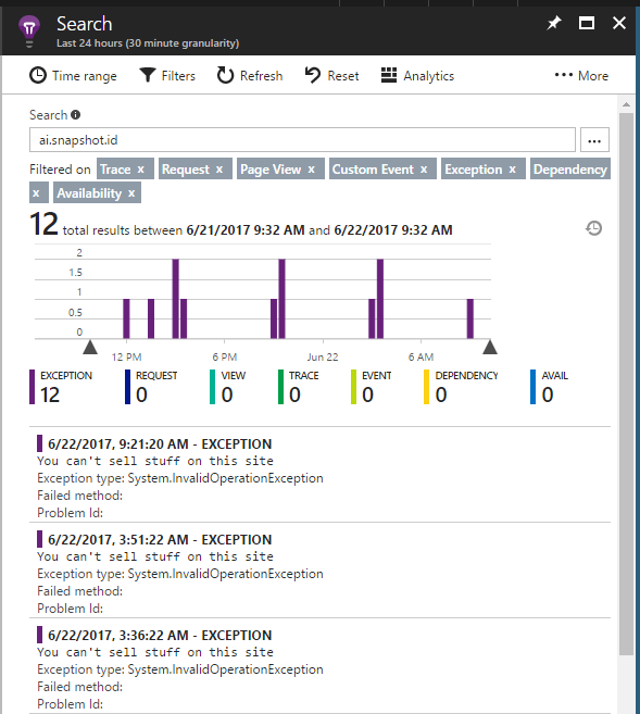 Screenshot showing search for telemetry with a snapshot ID in the portal.