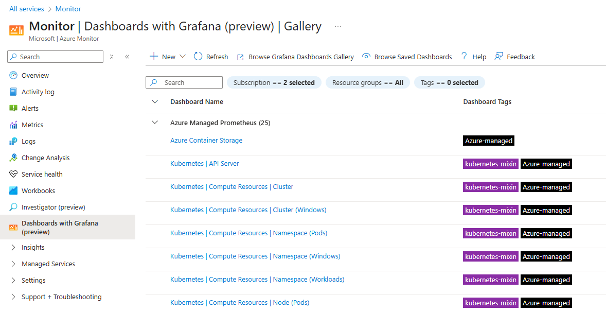 Screenshot of azure managed template listing the gallery.