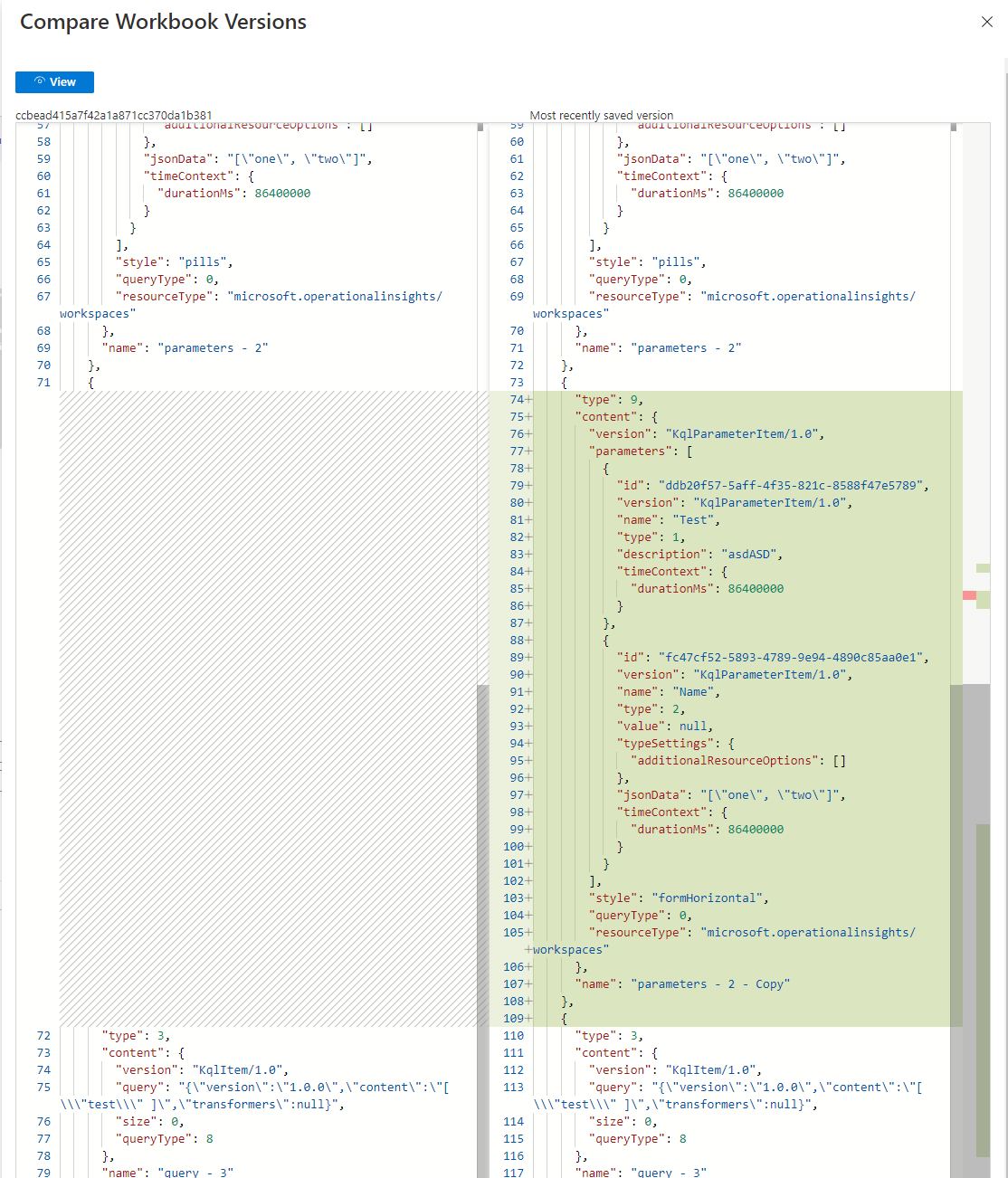 Screenshot that shows version comparison in the Compared Workbook Versions screen.