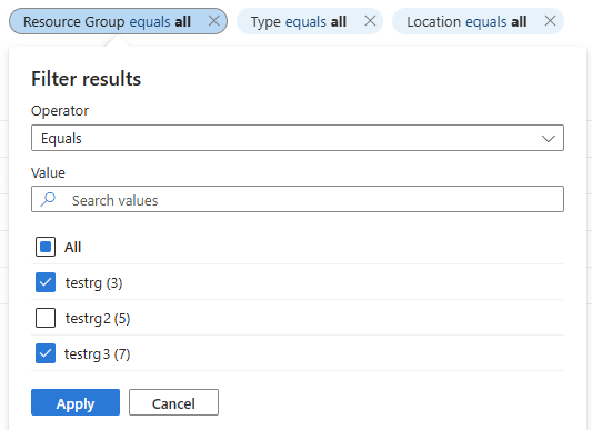 Screenshot showing resources filtered to show only resources from two resource groups in the Azure portal.