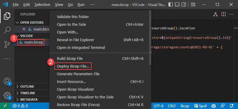Screenshot of Deploying Bicep File in the Context menu from the explorer pane.