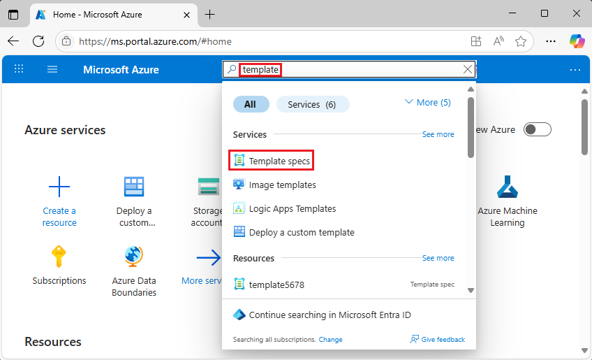 Screenshot of search bar with 'template specs' query.