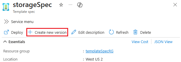 Screenshot of the **Create new version** button in template spec details.