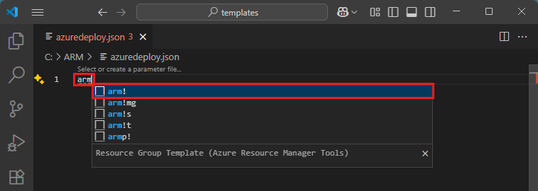 Screenshot showing Azure Resource Manager scaffolding snippets.