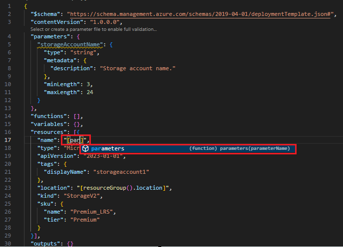 Screenshot showing autocompletion when using parameters in ARM template resources.