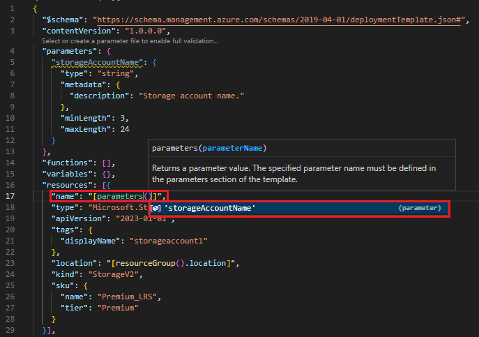 Screenshot showing completed parameter in an ARM template resource.