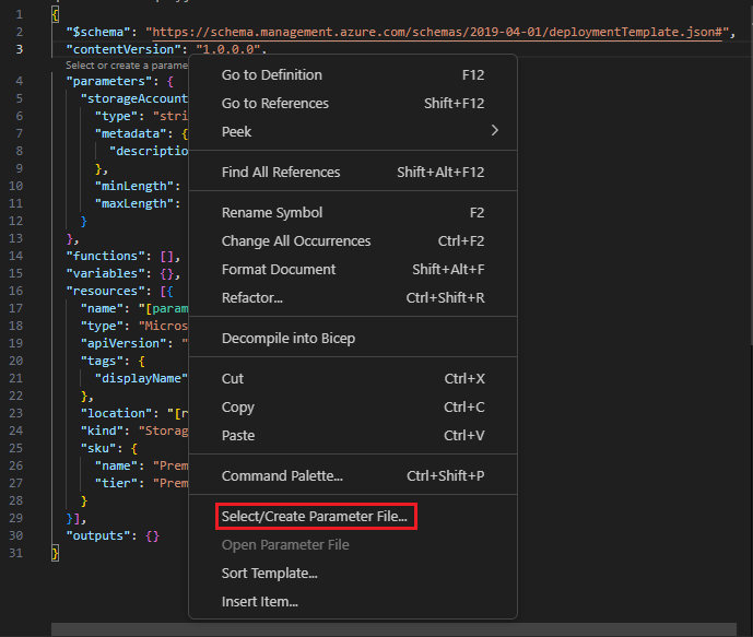 Screenshot showing the right-click process for creating a parameter file from an ARM template.