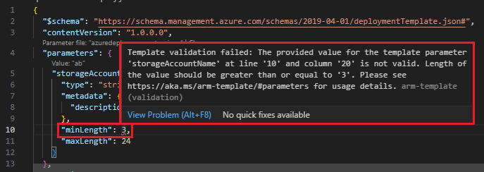 Screenshot showing a valid ARM template.