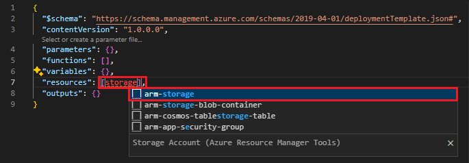 Screenshot showing a resource being added to the ARM template.