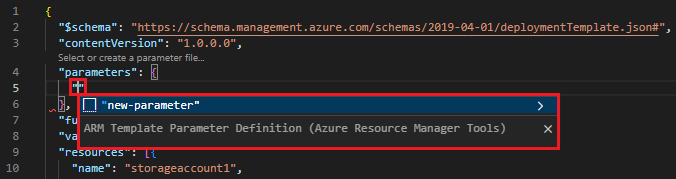 Screenshot showing a parameter being added to the ARM template.