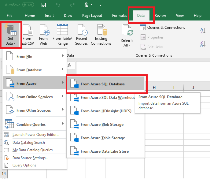 Screenshot of the screen to Select data source: Connect Excel to SQL Database.